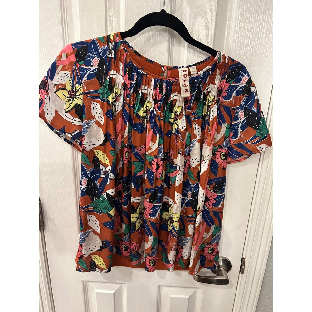 Dolan Left Coast Collection Blouse Orange Floral Pleated Mixed Media Top 17595P